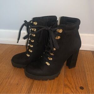 Jennifer Lopez Lace Up Black and Gold Boots Size 7.5